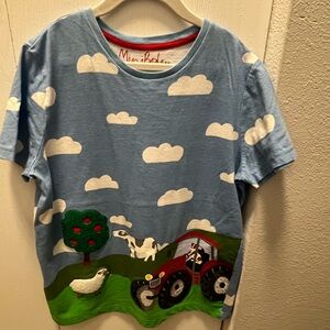 Mini Boden Blue and Green Short Sleeve Tee with Farm Scene